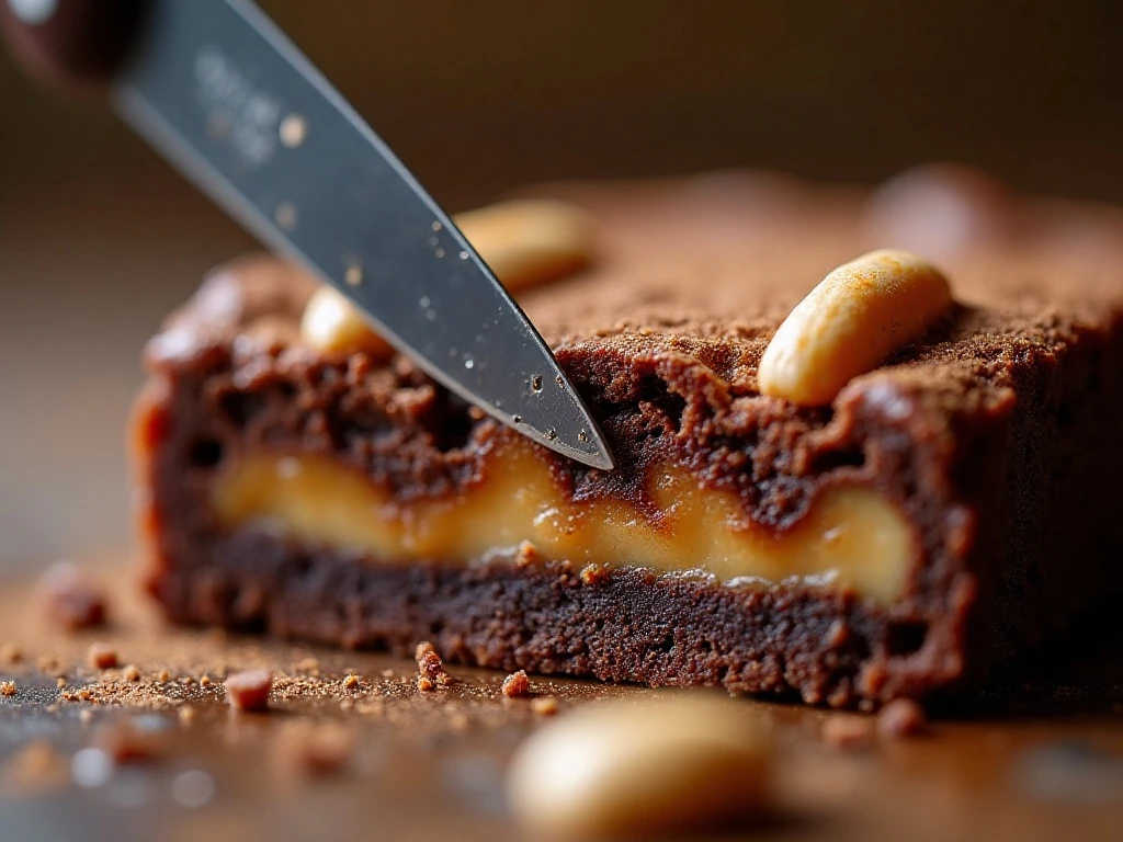 Clean-cut layers of a fudgy Snickers brownie