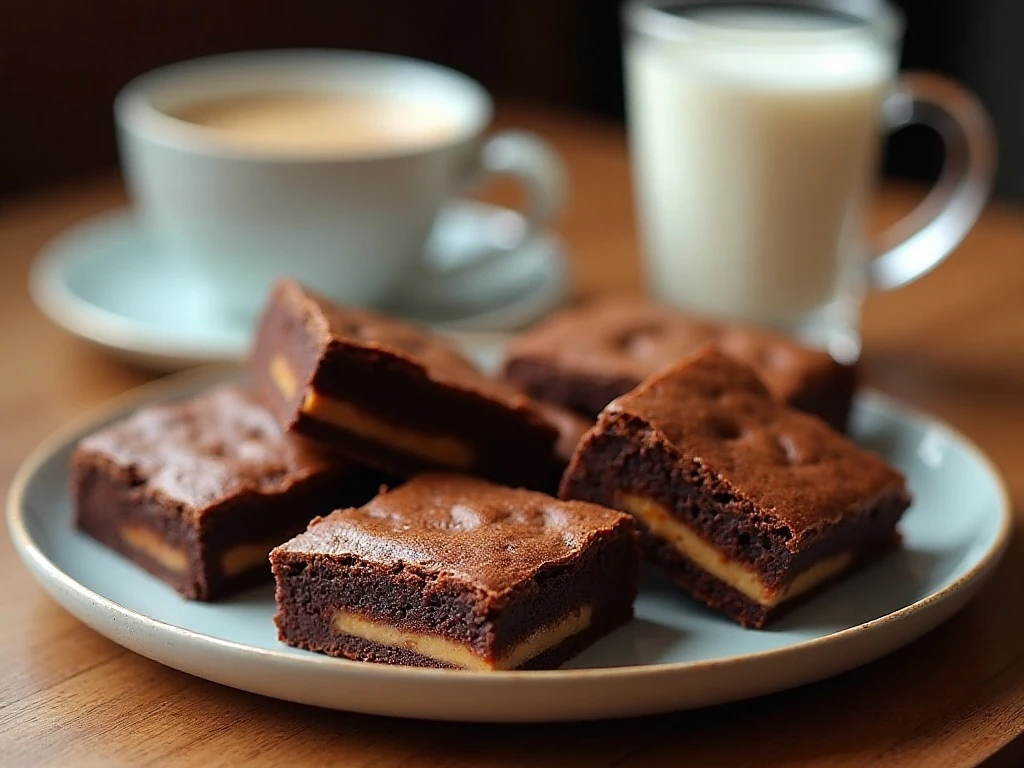 Snickers brownies served with coffee and cold milk