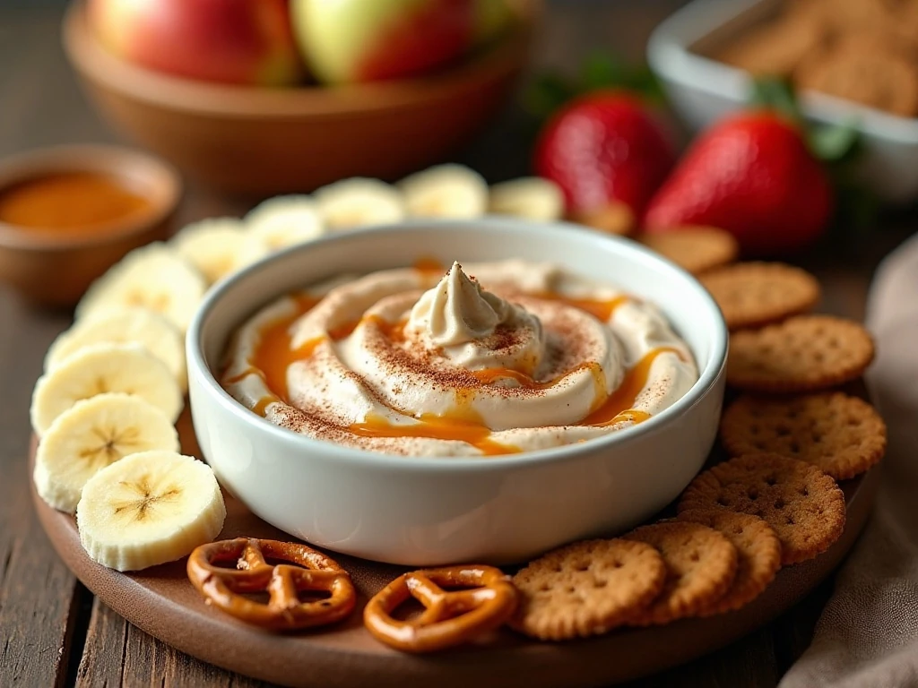 Creamy Snickers yogurt dip surrounded by fruit, pretzels, crackers, and cookies