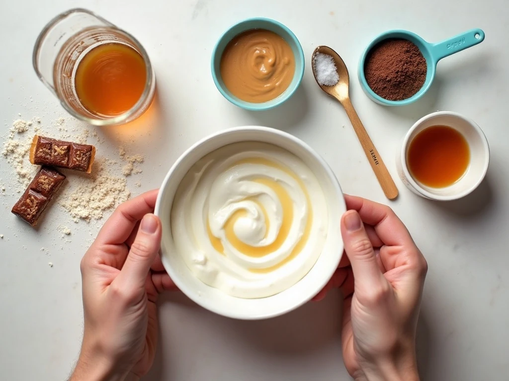Ingredients for creamy Snickers yogurt dip arranged for preparation