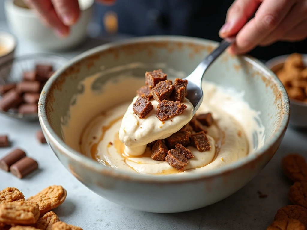 Folding chopped Snickers pieces into the yogurt dip mixture