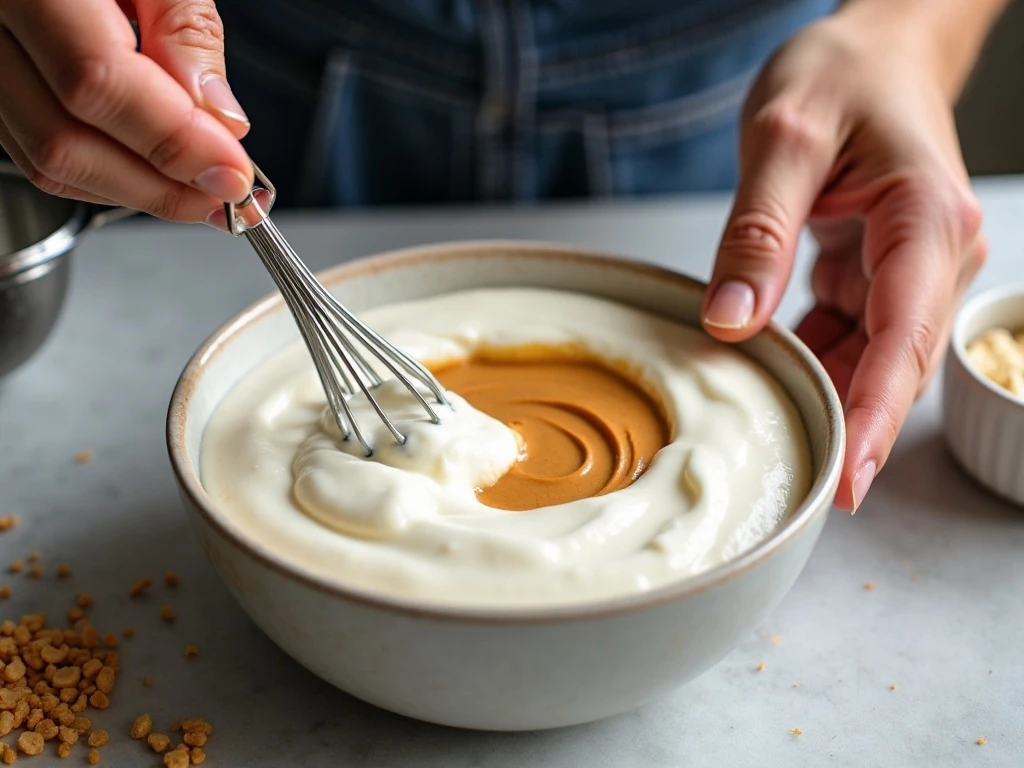 Whisking Greek yogurt and peanut butter for a thick creamy dip