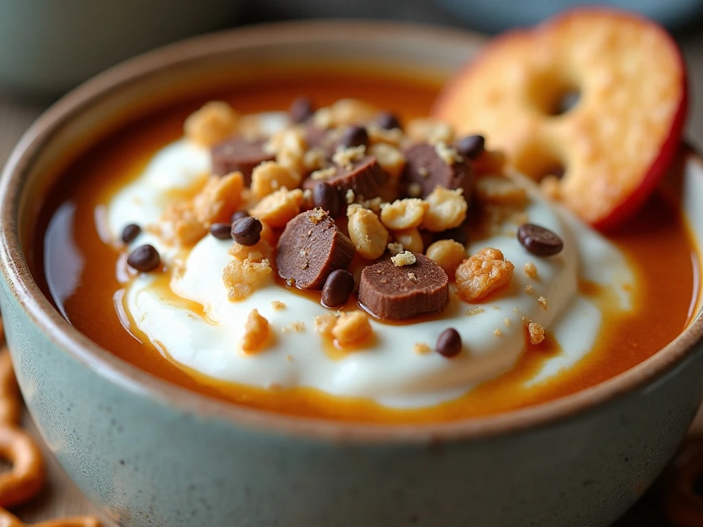 Caramel drizzle and chopped Snickers topping on creamy yogurt dip