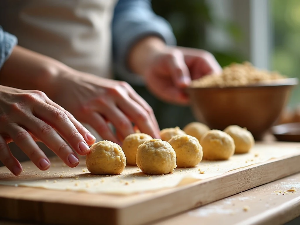 Shaping snowball cookie dough into round balls