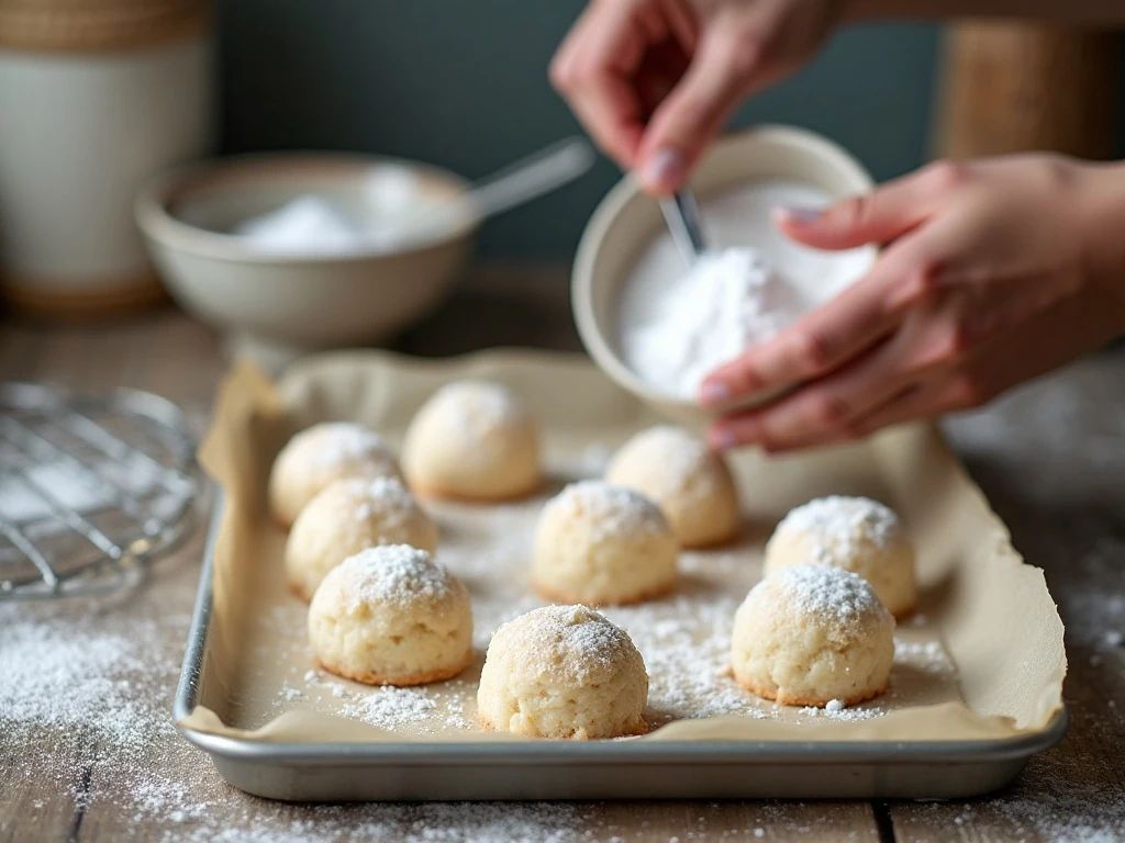 Freshly baked snowball cookies cooling before coating