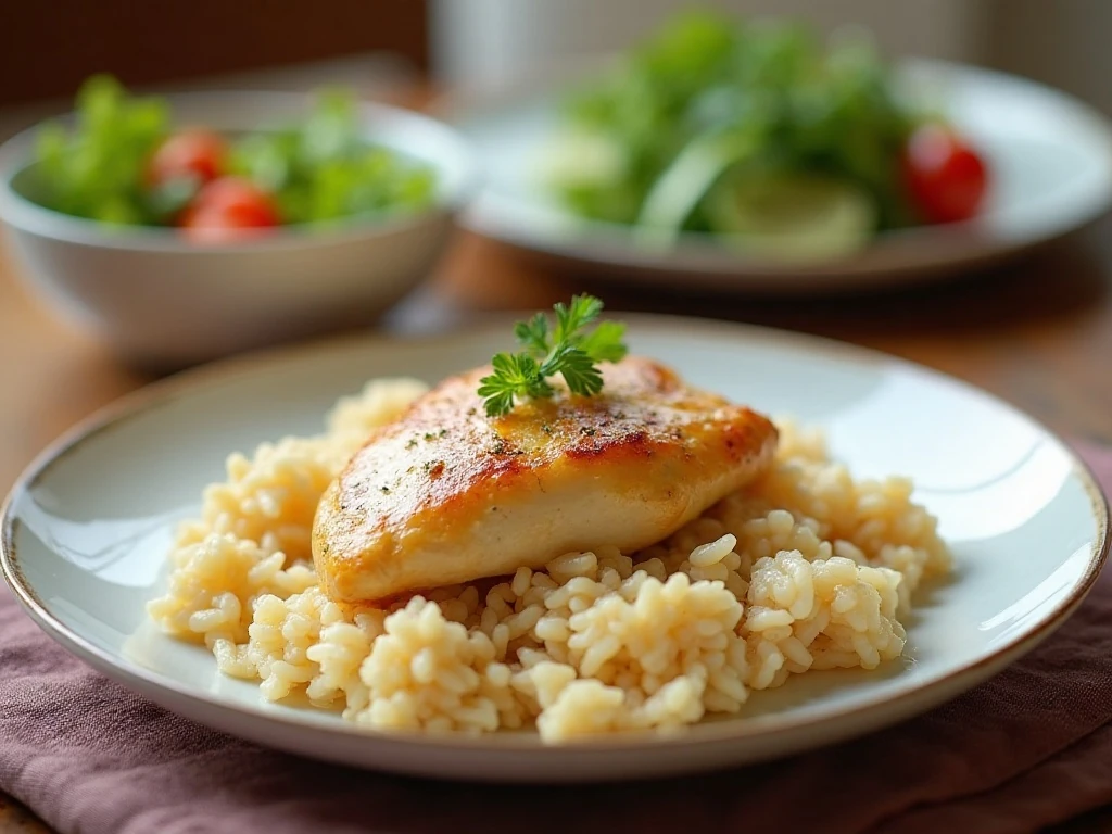 Serving of creamy chicken and rice casserole for a family dinner