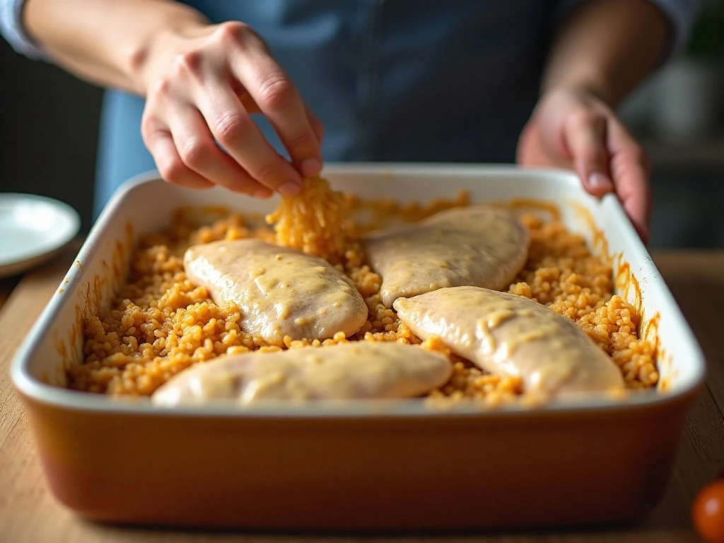 Chicken breasts arranged over rice mixture before baking