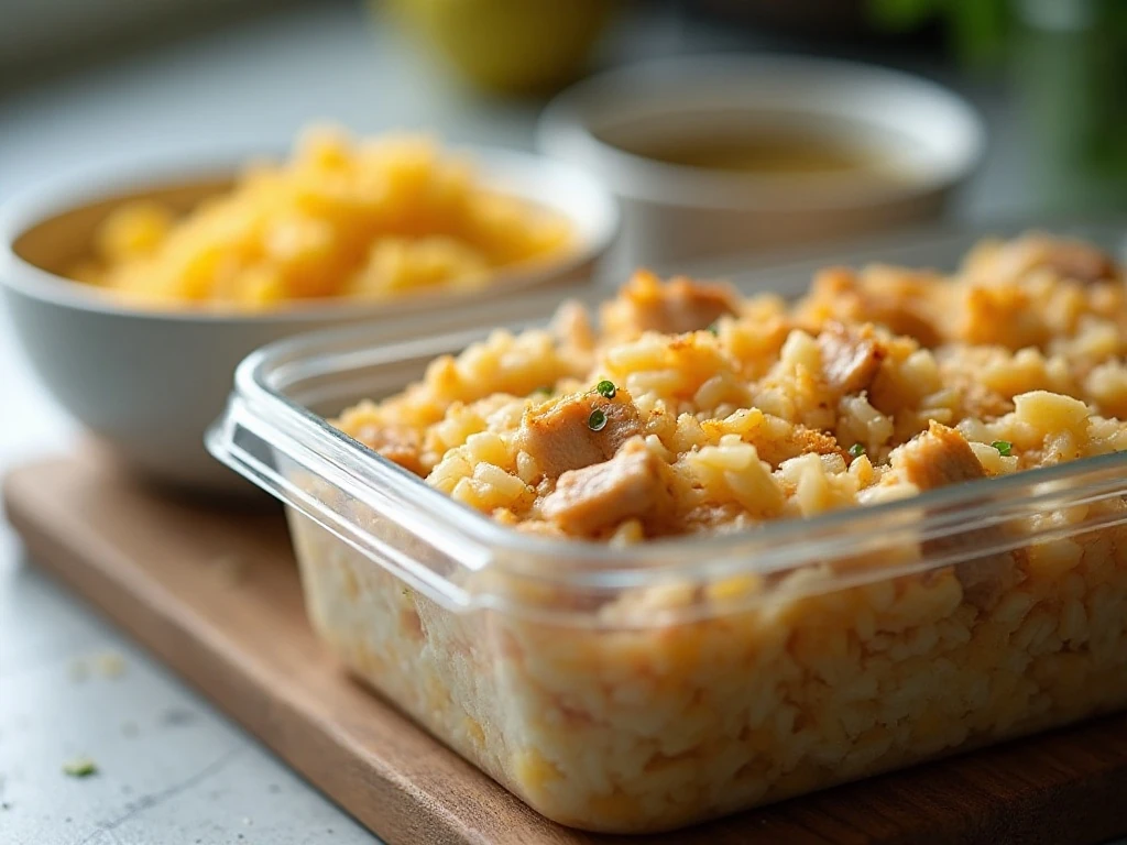 Chicken and rice casserole stored for reheating