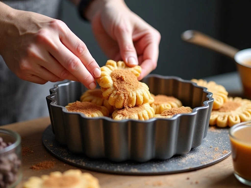 Biscuit pieces being coated in cinnamon sugar for monkey bread