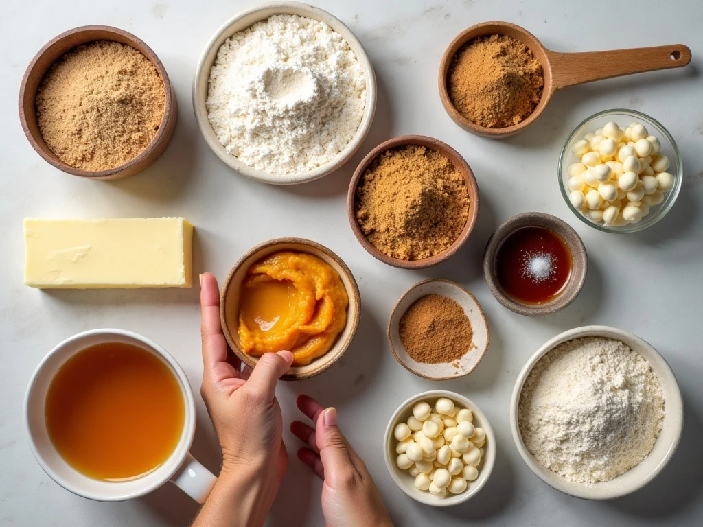 Ingredients for white chocolate chip pumpkin cookies