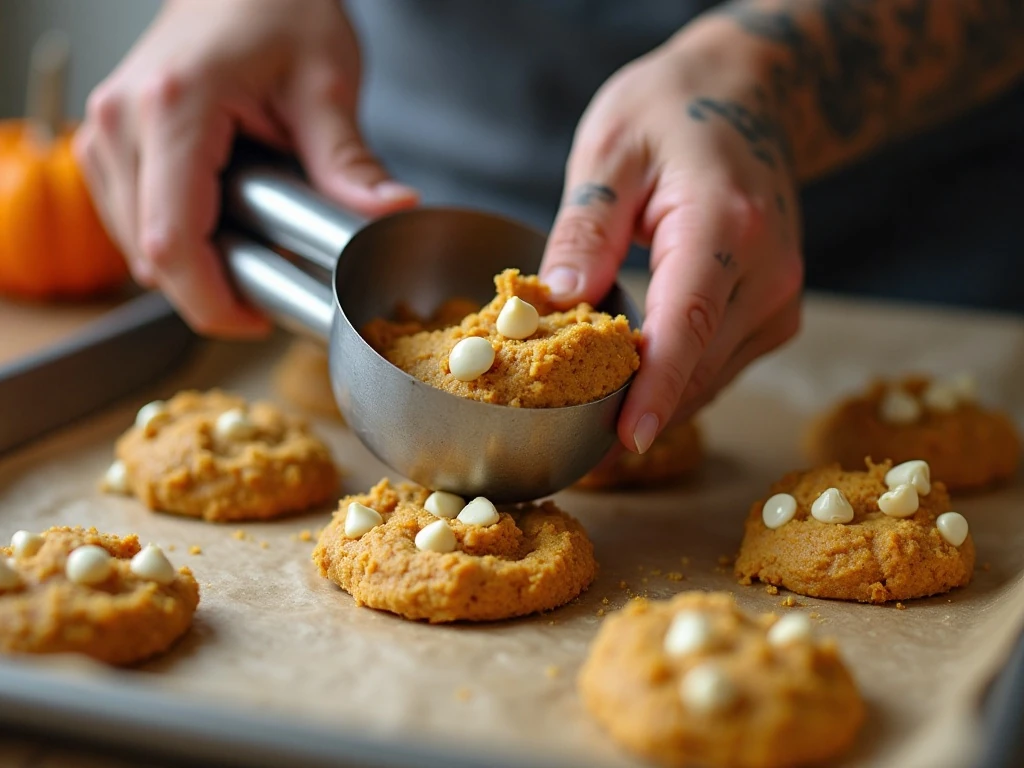Scooping pumpkin cookie dough onto a parchment-lined baking sheet