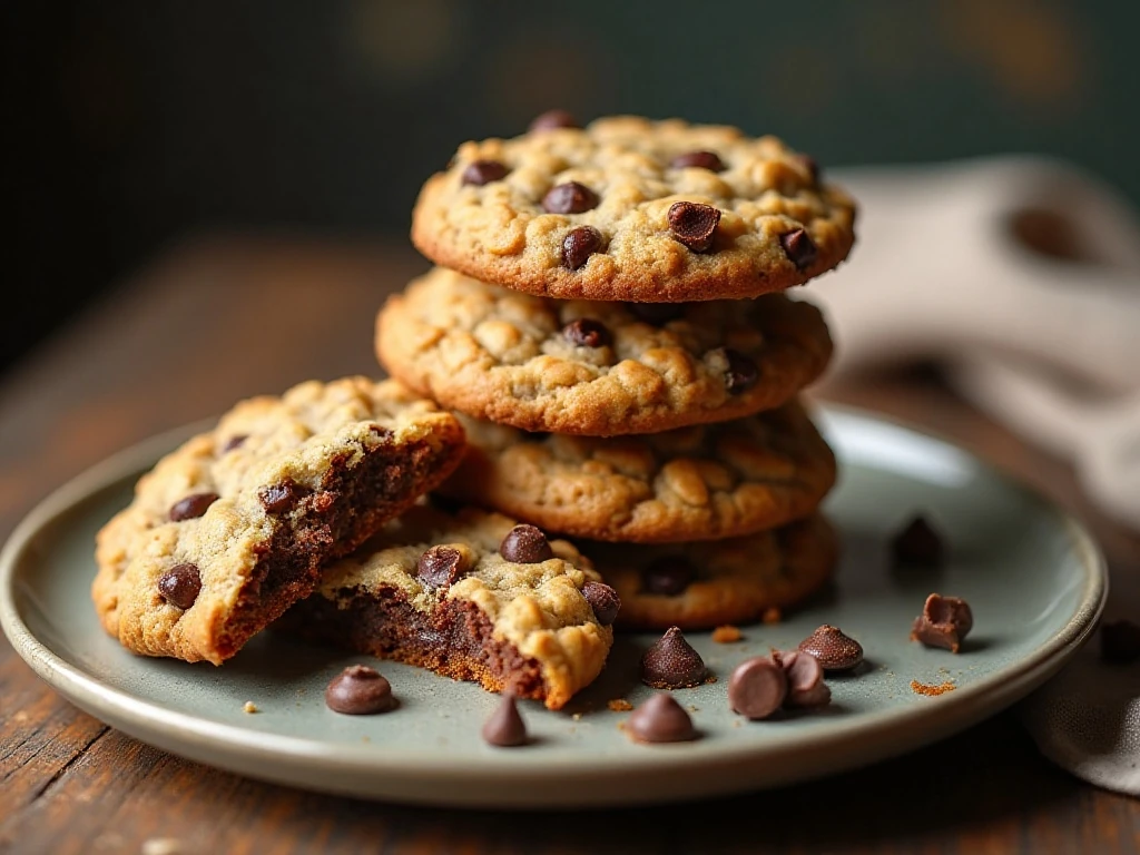 Stack of soft batch oatmeal chocolate chip cookies with chewy centers