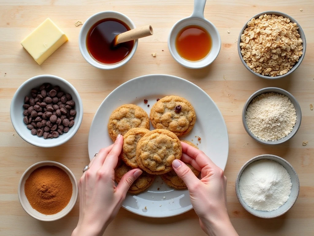 Ingredients for soft batch oatmeal chocolate chip cookies