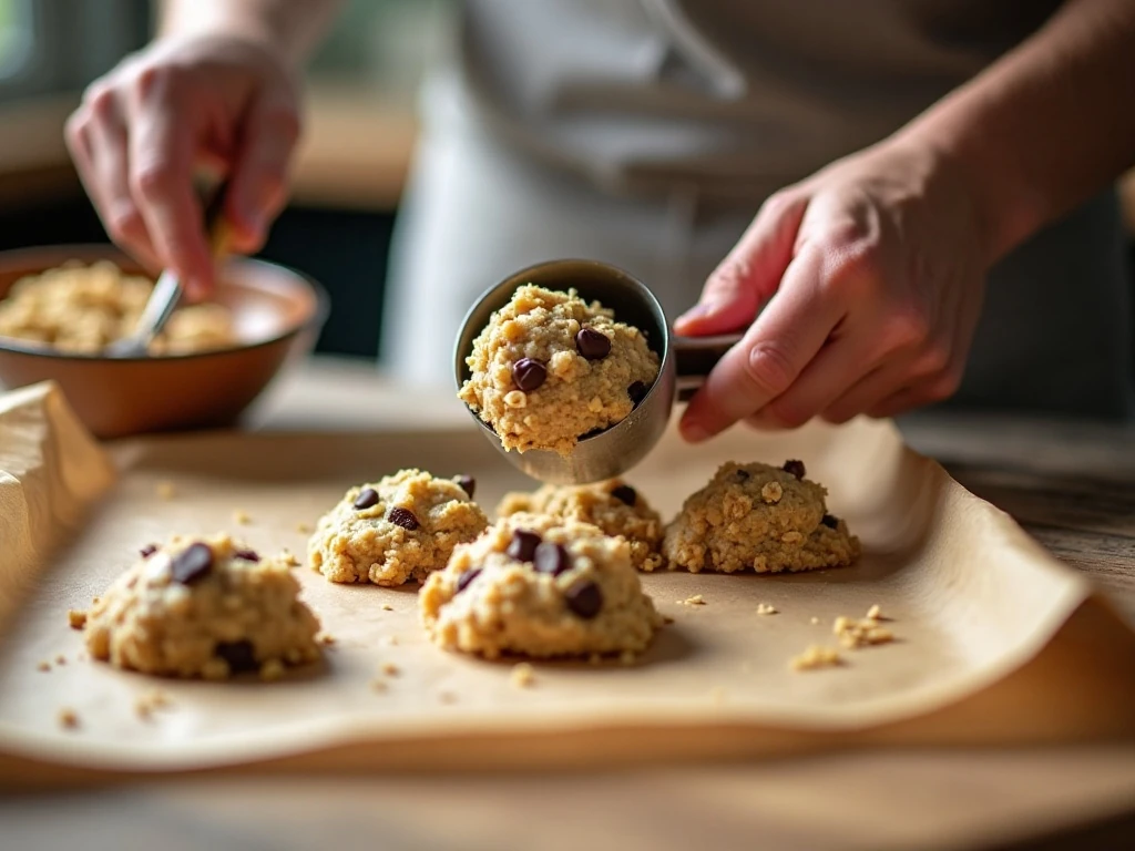 Portioning oatmeal chocolate chip cookie dough onto a baking sheet