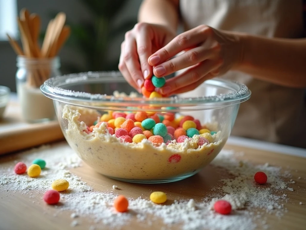 Chopped gumdrops being folded into sugar cookie dough