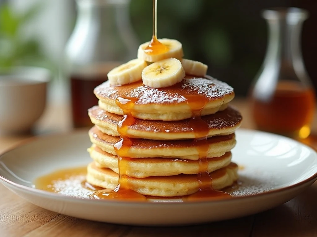 Tall soufflé pancakes with caramelized bananas served for breakfast