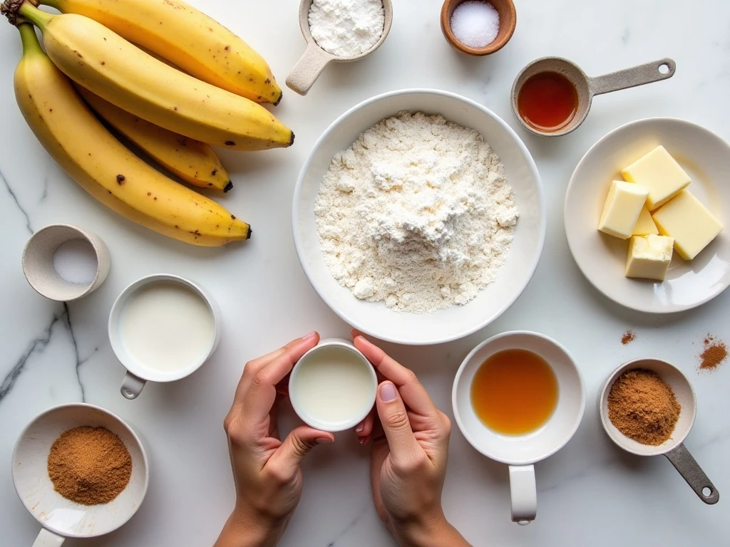 Ingredients for soufflé pancakes and caramelized bananas