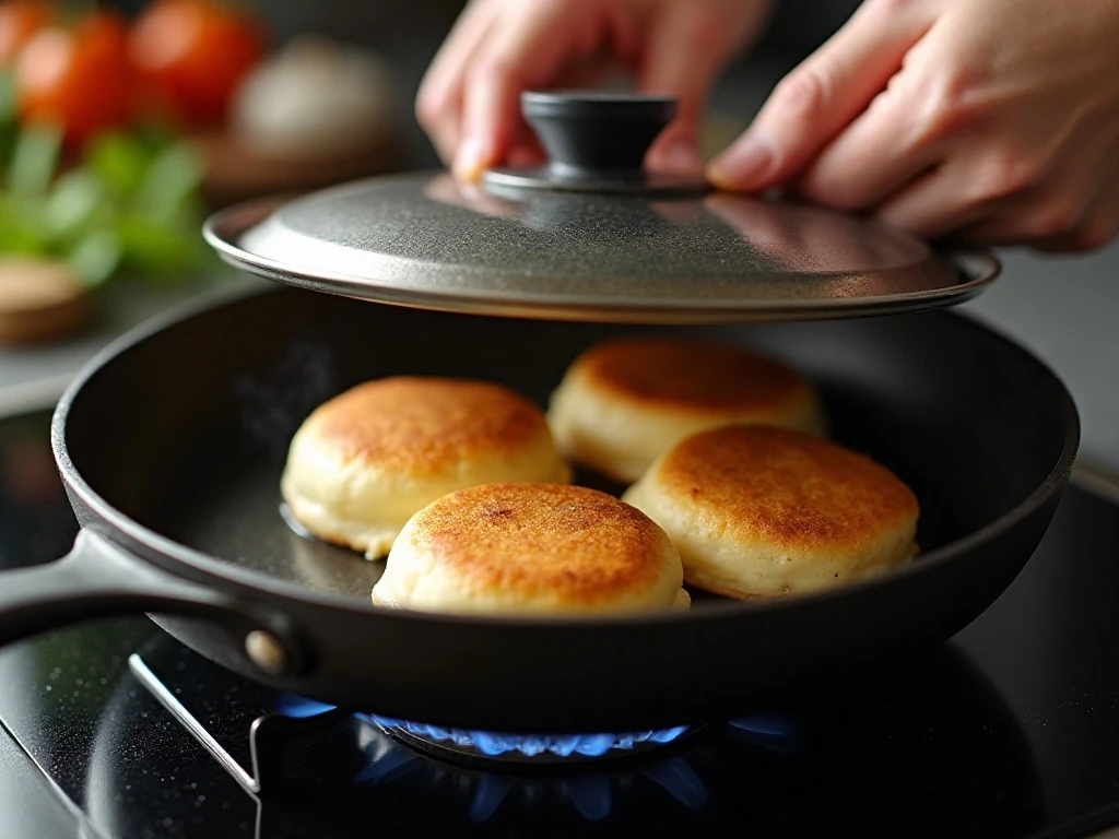 Soufflé pancakes cooking slowly under a lid