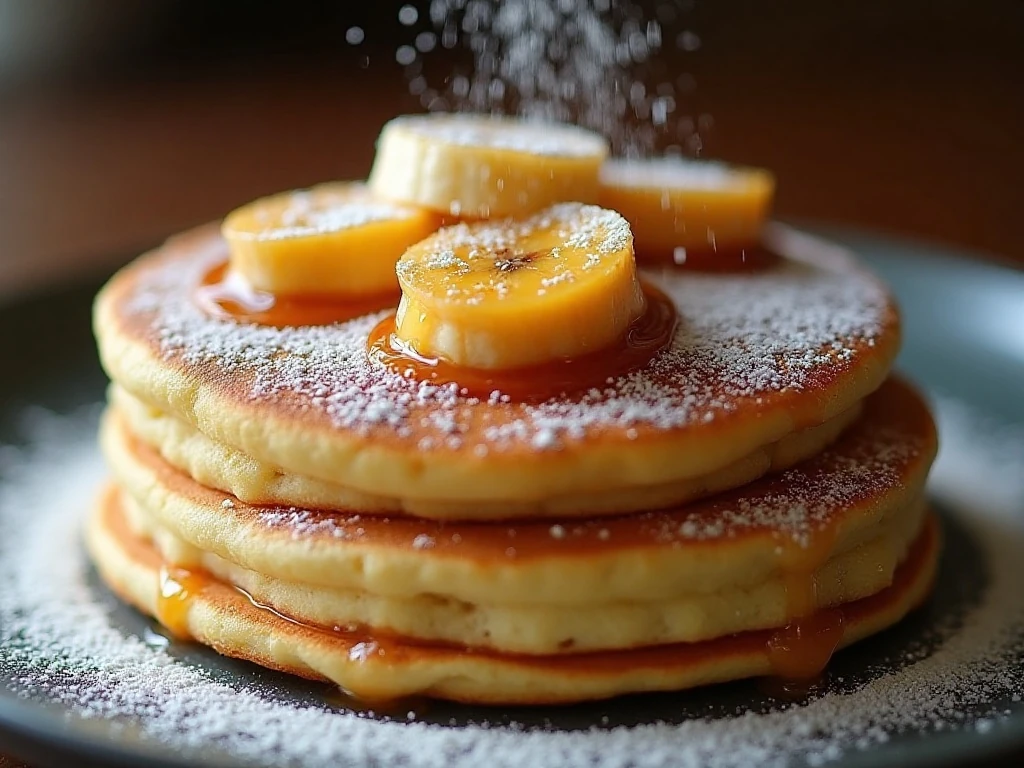 Caramelized banana topping on fluffy soufflé pancakes