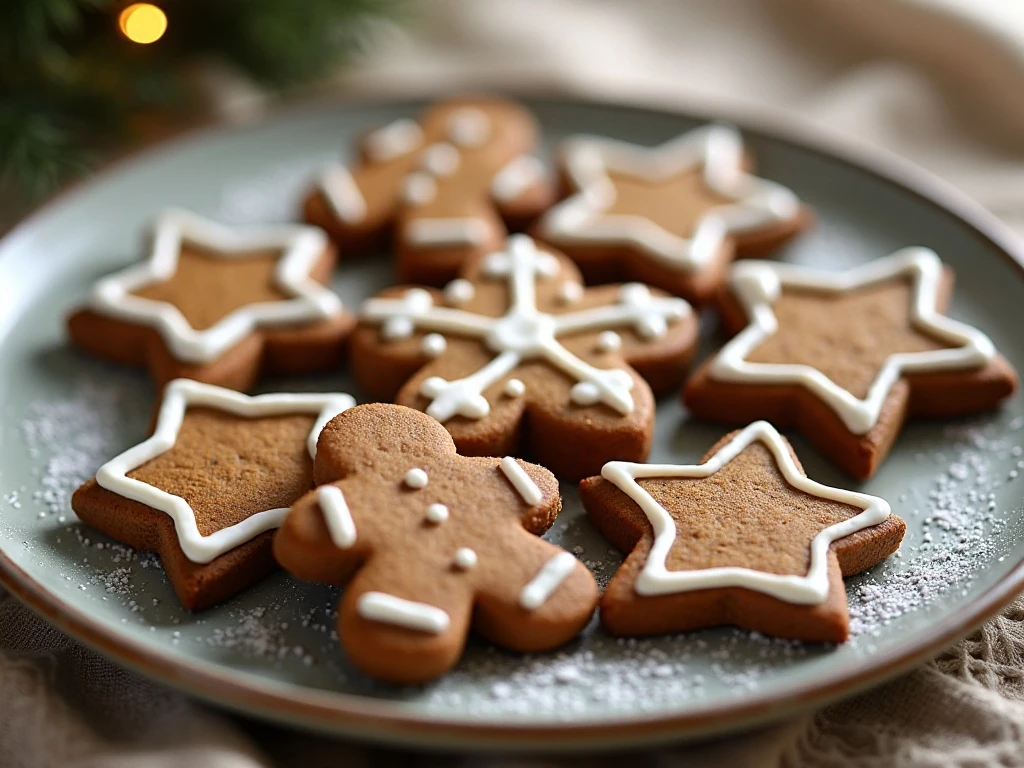 Soft glazed gingerbread cookies arranged on a festive plate