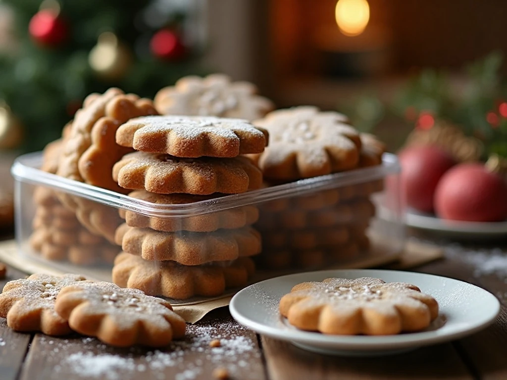 Glazed gingerbread cookies stored in an airtight container