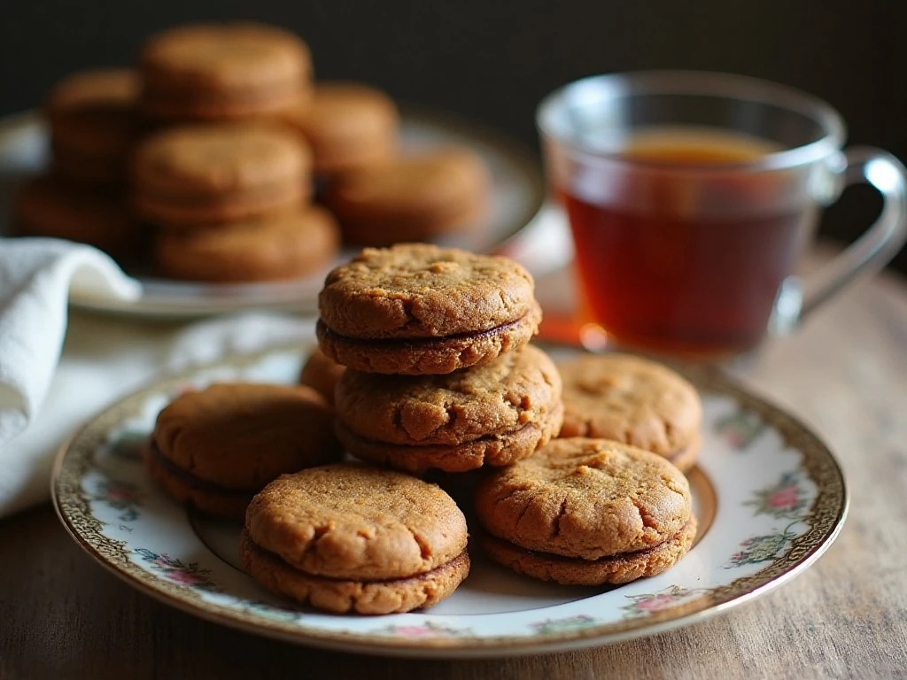 Stack of soft molasses cookies with creamy molasses frosting beside tea