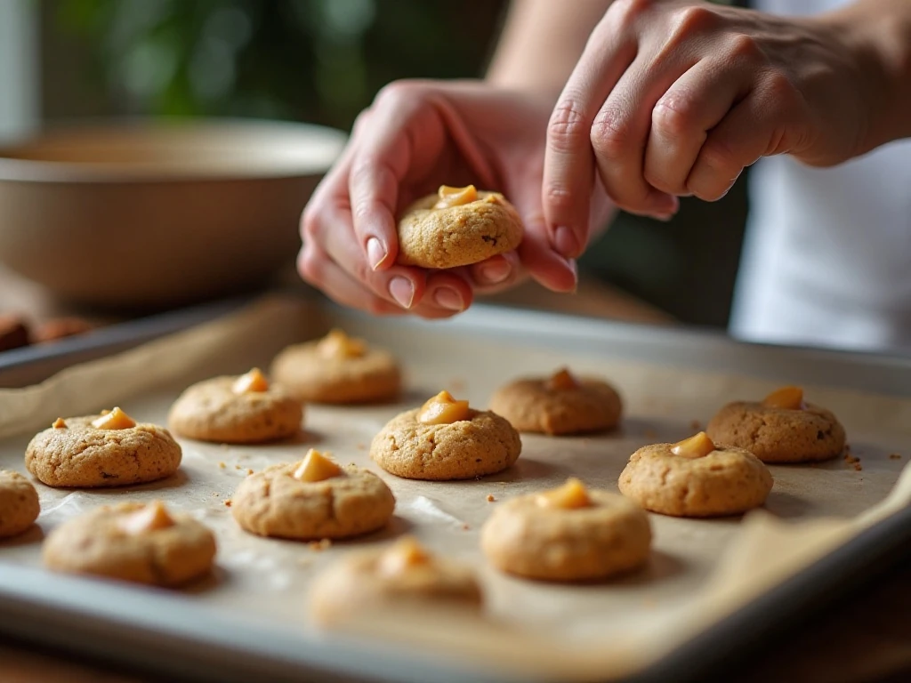 Cookie dough being portioned onto a parchment-lined baking sheet