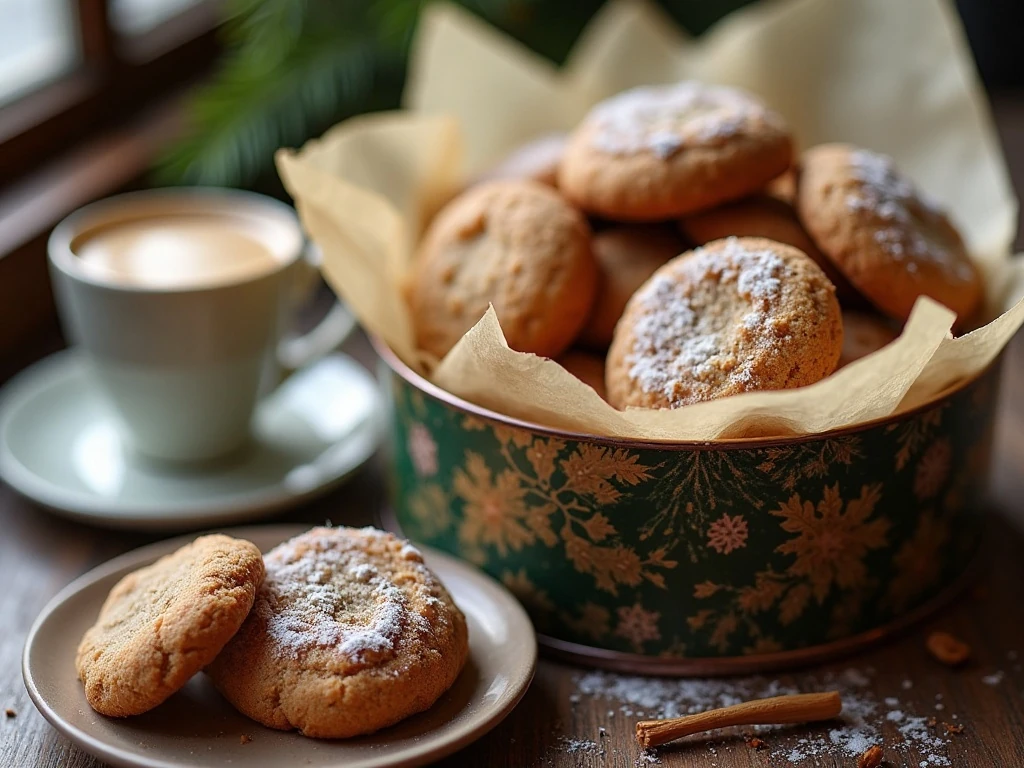 Soft molasses cookies packed in a cookie tin and ready to serve
