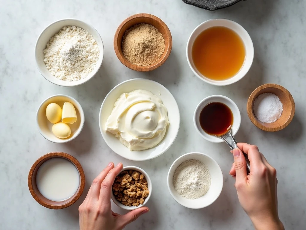 Ingredients for moist sour cream coffee cake and cinnamon walnut streusel