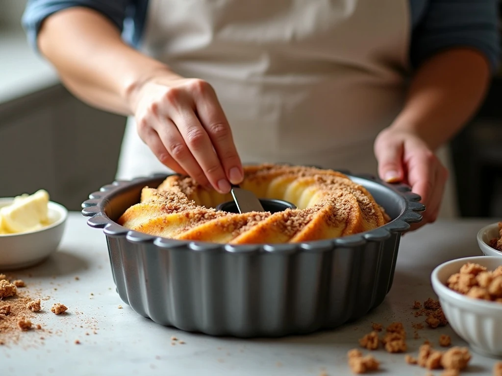 Layering sour cream coffee cake batter with cinnamon walnut streusel