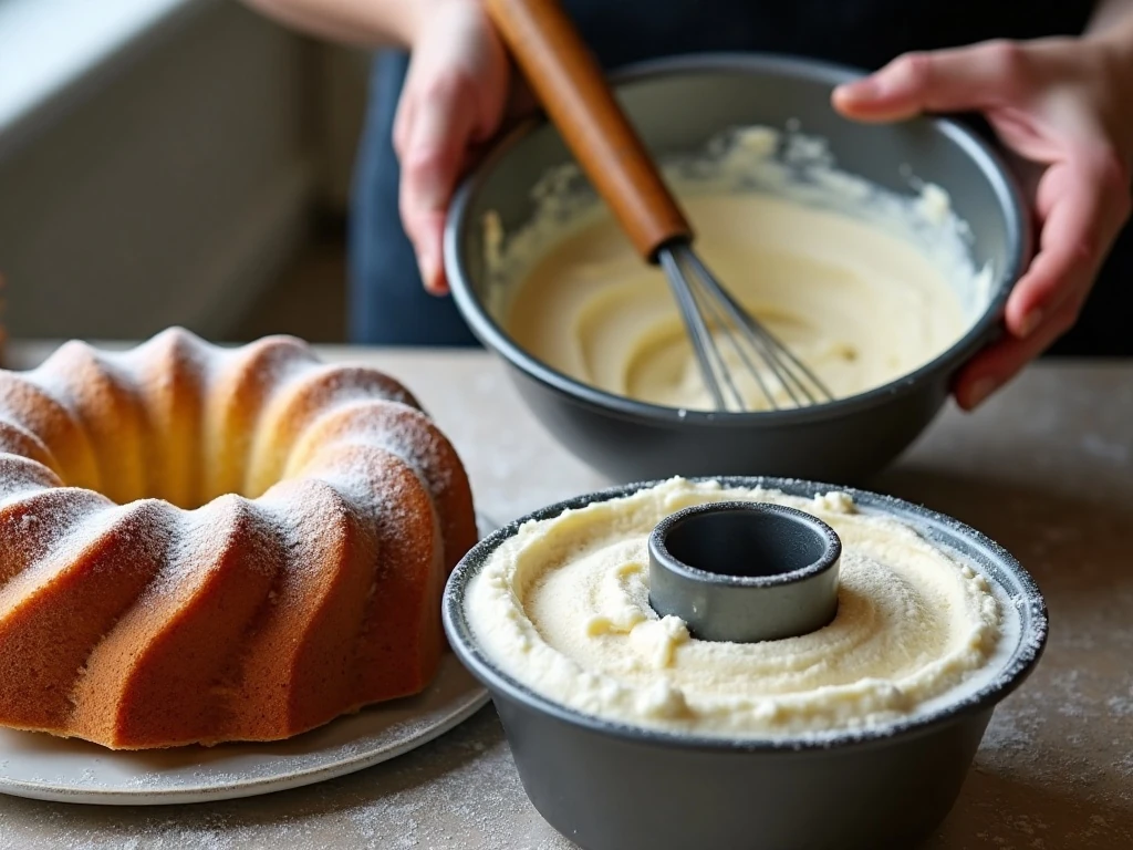 Preparing a Bundt pan and smooth batter for sour cream coffee cake