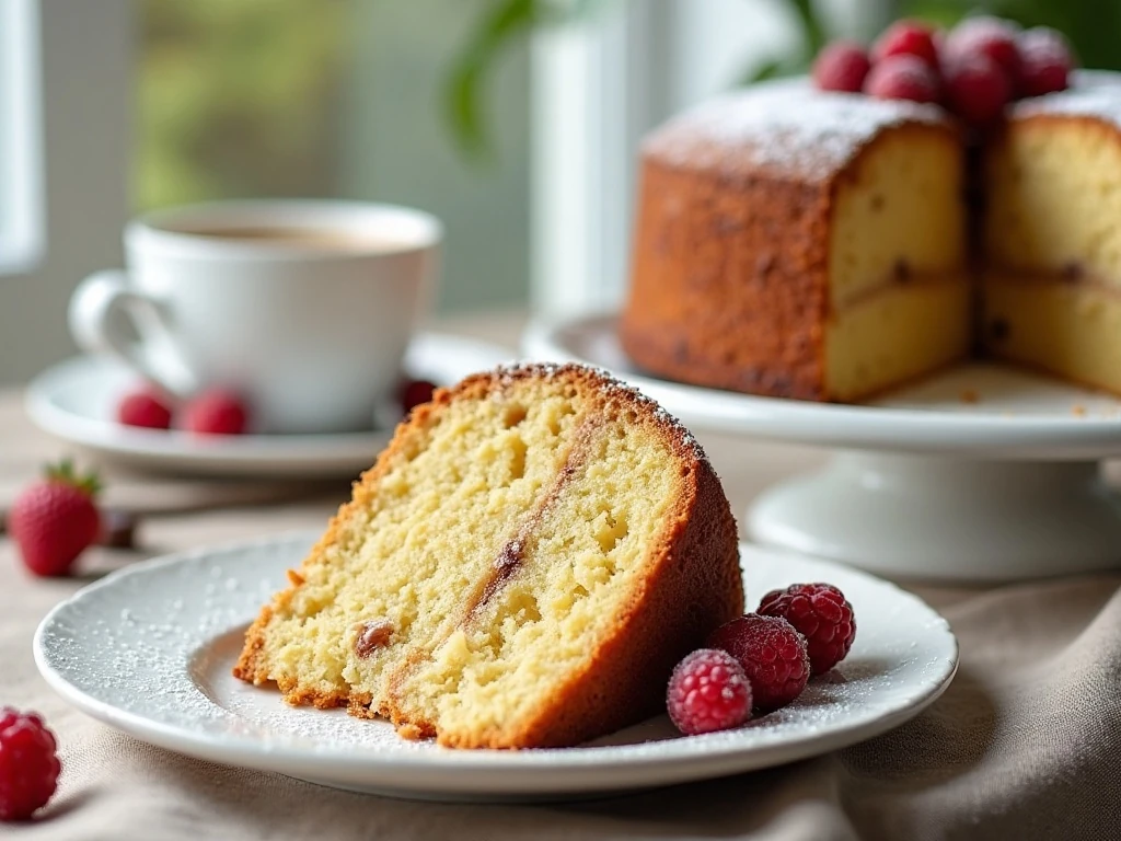 Sliced sour cream coffee cake served with coffee and berries