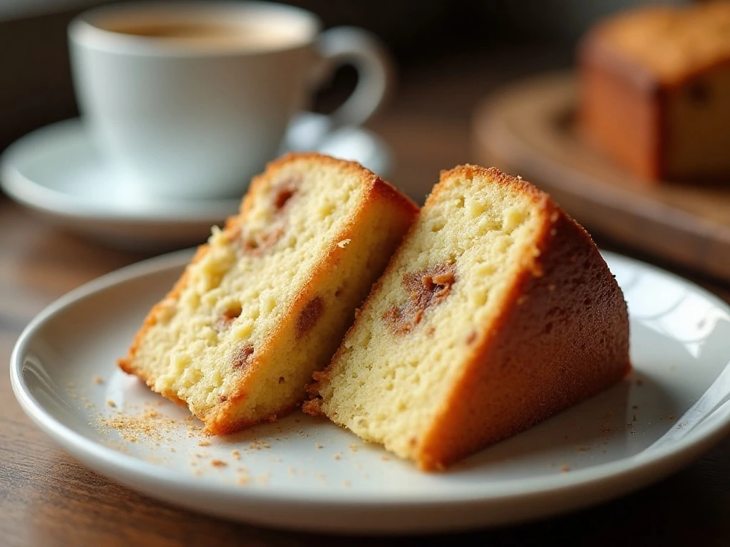 Moist sour cream coffee cake with cinnamon streusel center