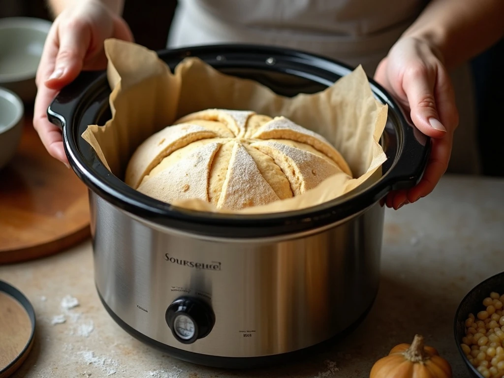 Scored sourdough dough ready to cook in a crockpot