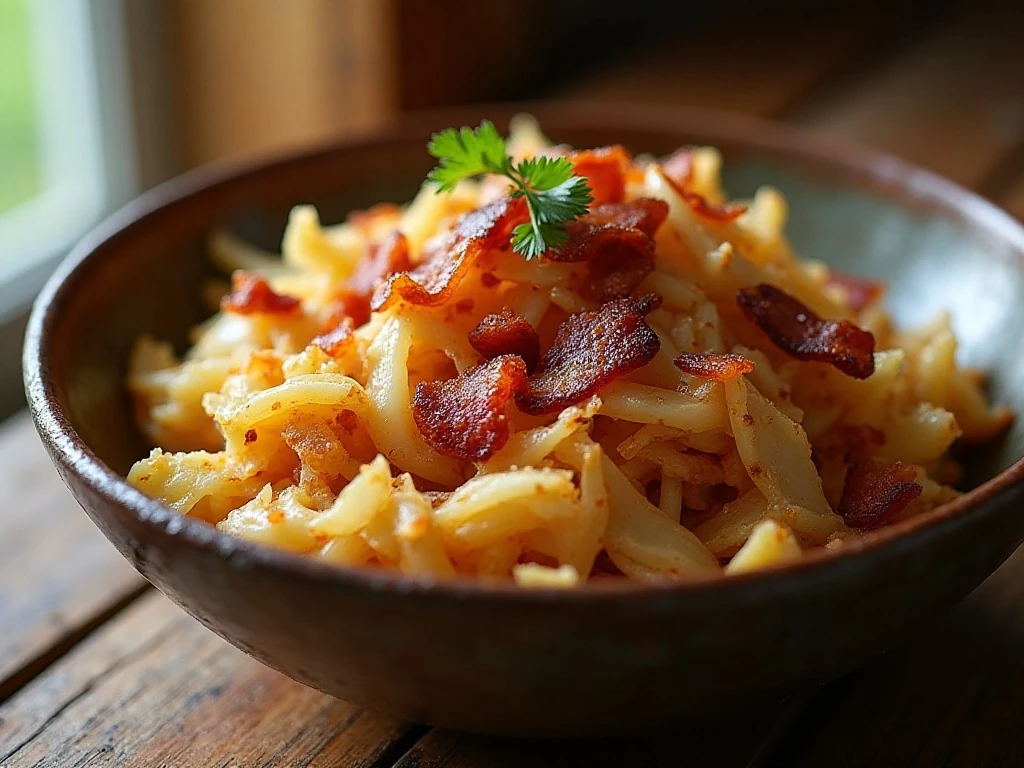 Southern fried cabbage with bacon in a rustic serving bowl
