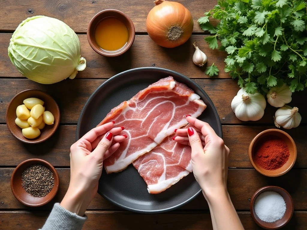 Ingredients for easy Southern fried cabbage with bacon