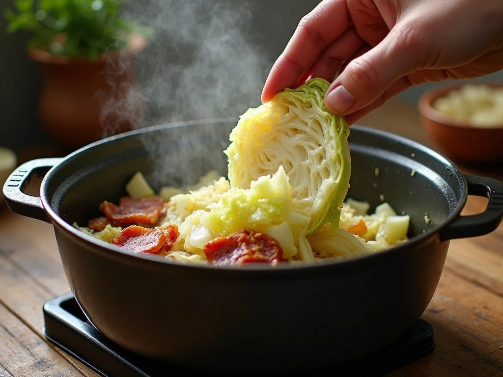 Cabbage being cooked with bacon, onion, and garlic in a Dutch oven