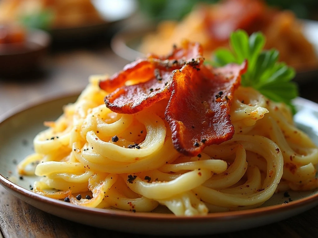 Close-up of tender fried cabbage with crisp bacon and seasoning