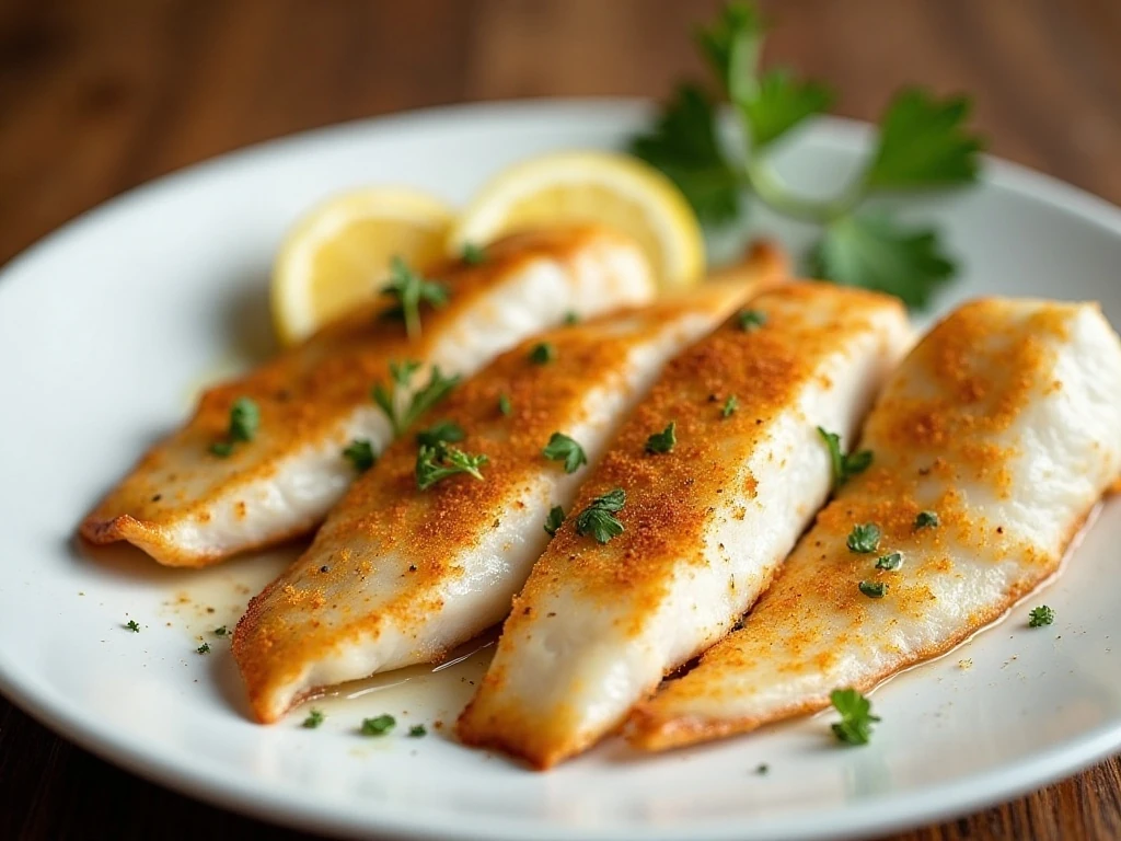 Southern baked tilapia fillets with lemon and parsley on a serving platter