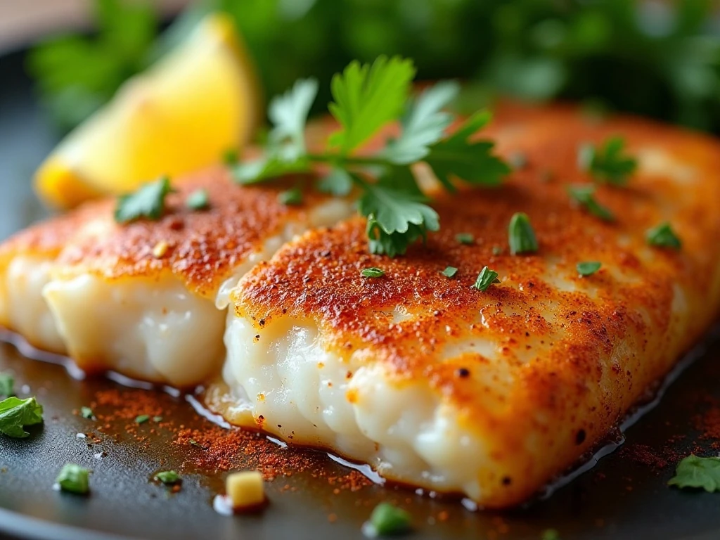 Close-up of paprika-seasoned tilapia garnished with parsley and lemon