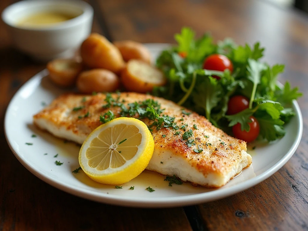 Baked tilapia served with roasted potatoes and vegetables