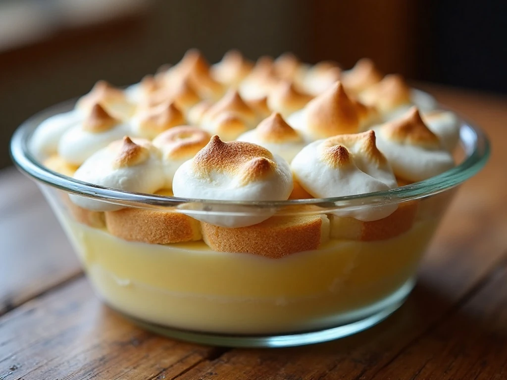 Traditional homemade Southern banana pudding with vanilla wafers, bananas, custard, and meringue