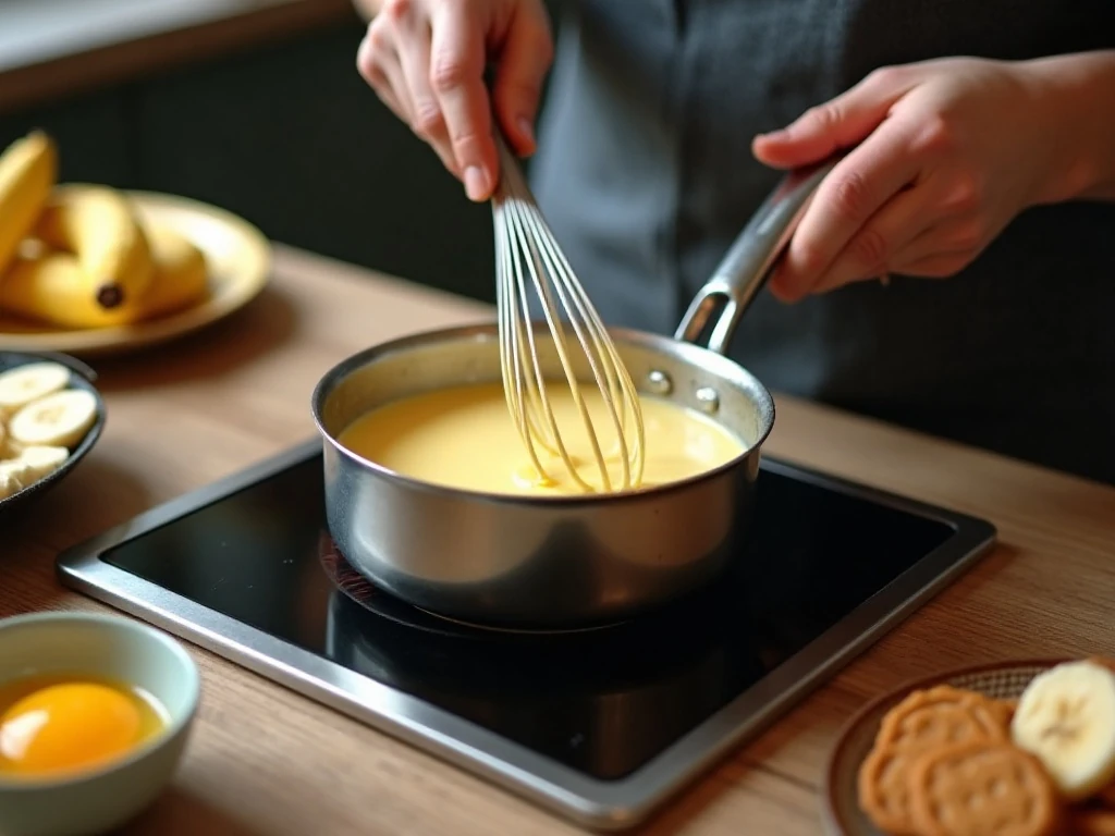 Cooking homemade vanilla custard for Southern banana pudding