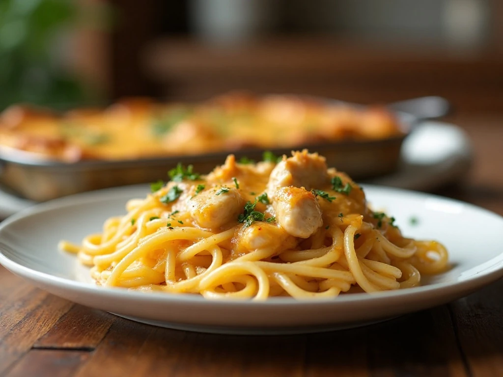 Creamy Southern chicken spaghetti served for a comforting family dinner