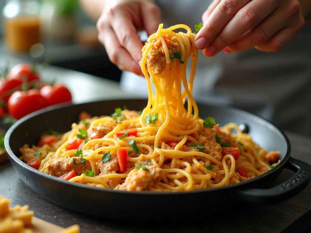Combining chicken and spaghetti with creamy cheddar sauce
