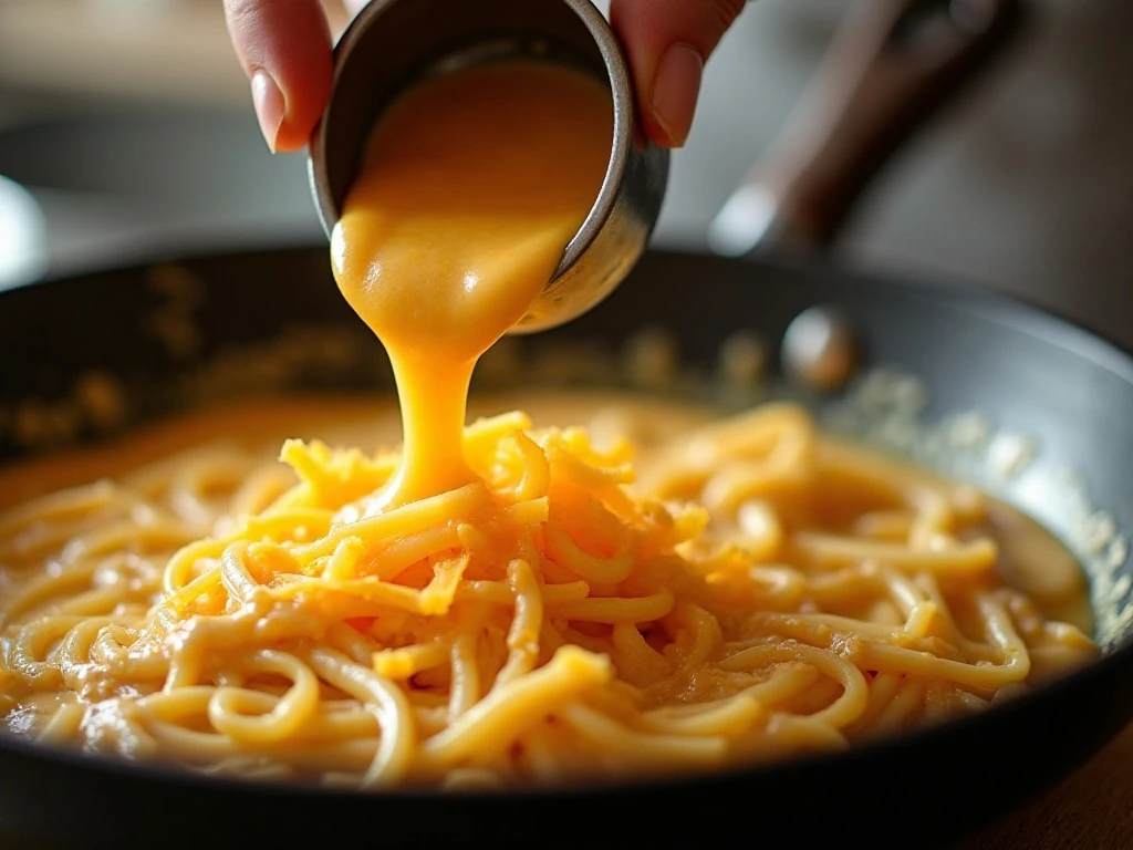 Fresh cheddar melting into the chicken spaghetti sauce