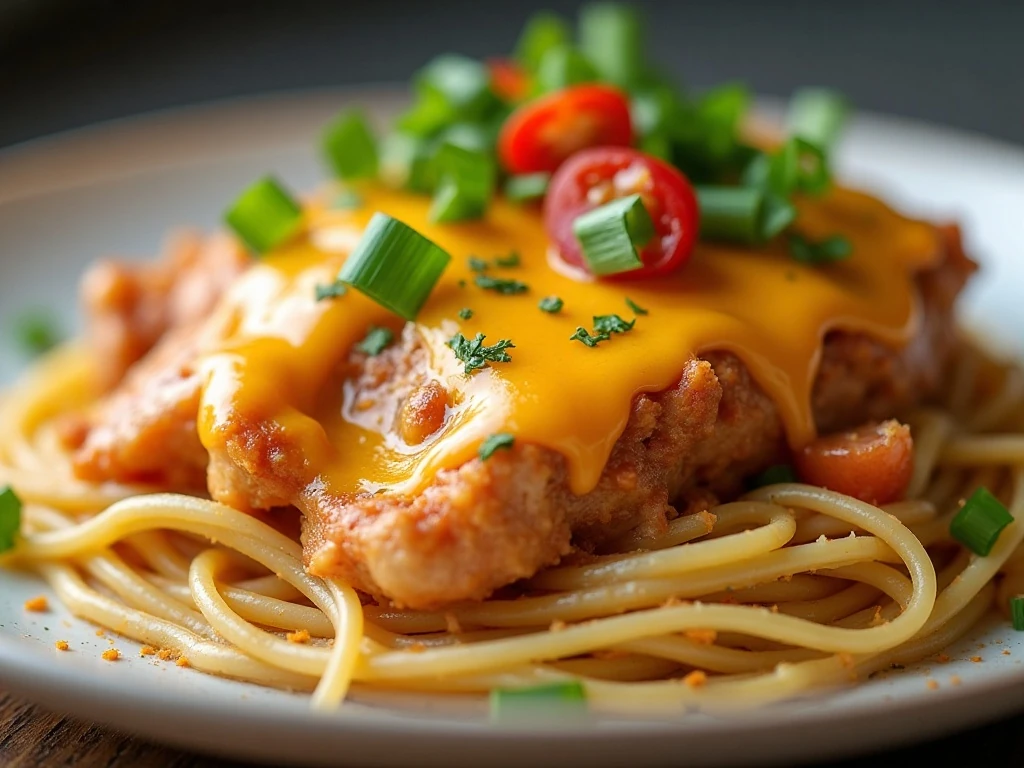 Chicken spaghetti garnished with parsley and green onions