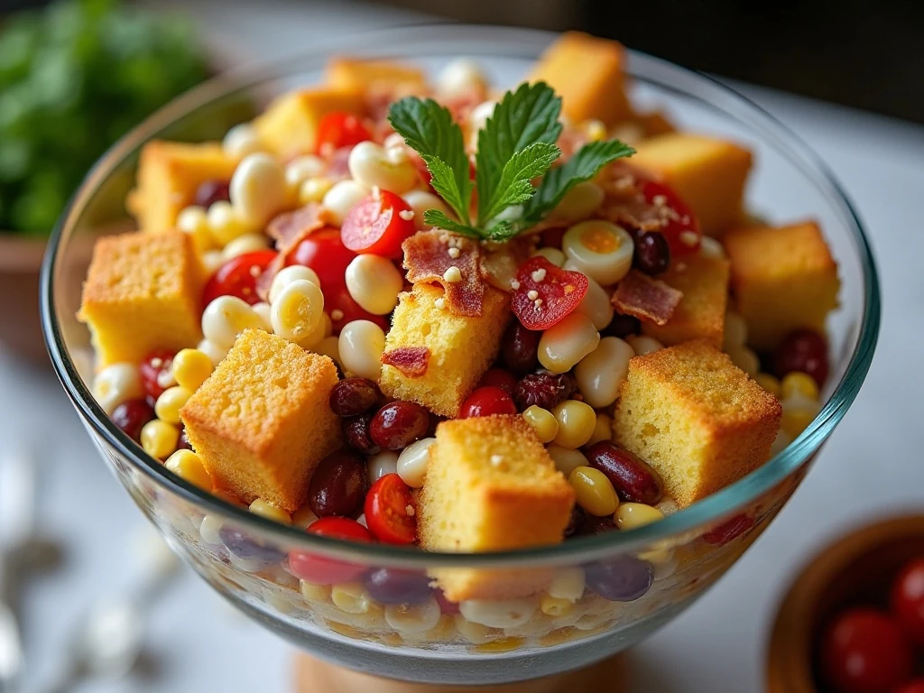 Layered Southern cornbread salad in a clear serving bowl