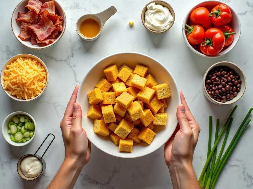 Ingredients for Southern cornbread salad arranged on a table