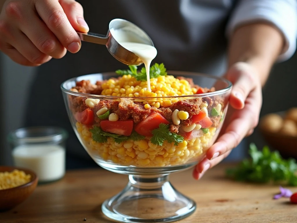 Assembling layers of cornbread salad in a trifle bowl